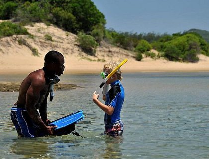 Family Safari and Beach Holidays - learning to snorkel at Machangulo Beach Lodge
