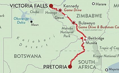 Rovos Rail Pretoria to Victoria Falls map
