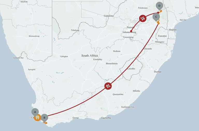 Cape & Kruger Family Explorer Safari map