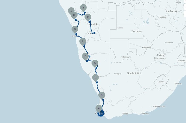 Cape to Namibia Self-drive map