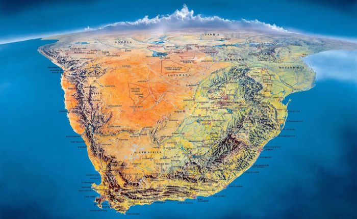 remote South Africa - map showing the ring of mountains separating the coast from the Karoo in South Africa