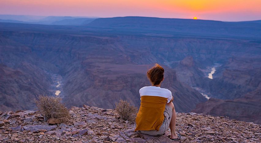 Solo visitor at Fish River canyon, Namibia