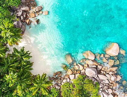 Secret small beach in the bay of Anse Lazio beach, Praslin, Seychelles